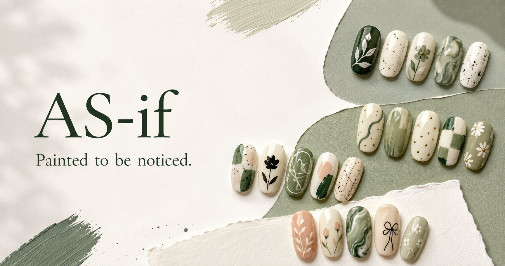 AS-if hand-painted reusable nail collection in sage green and warm white